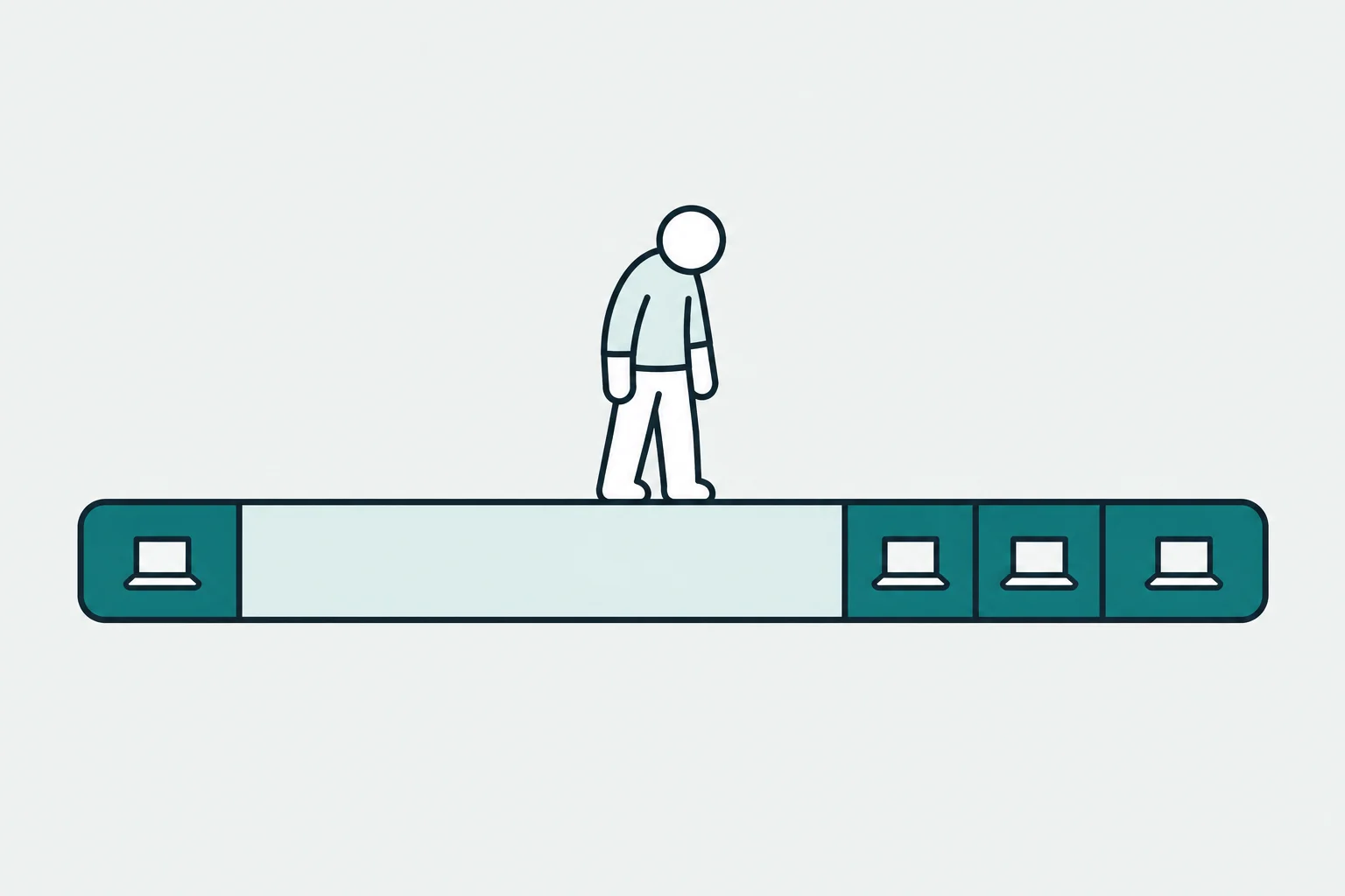 1日の帯の中で、会社の時間の前後や休みの時間が副業の作業で埋まり、人が肩を落として立っている